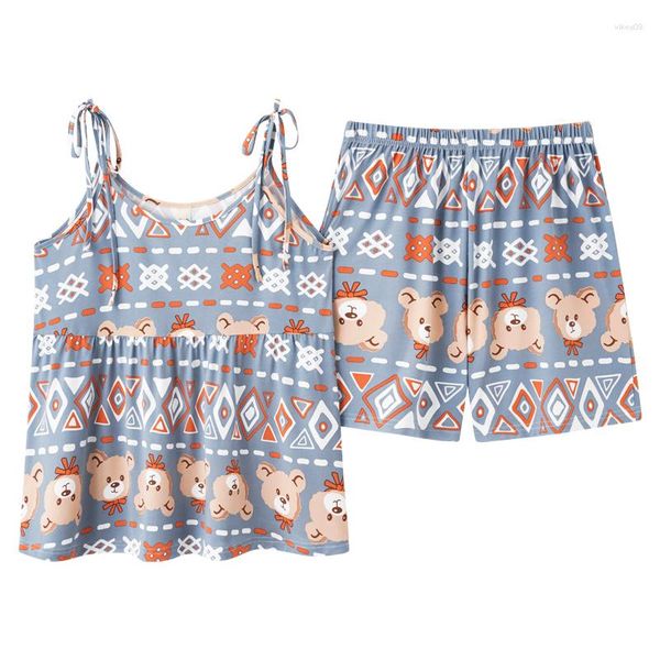 Damen-Nachtwäsche CAIYIER Lovely Bear Print Vintage Pyjamas Set Sommer ärmellose koreanische Kawaii Frauen Unterwäsche Freizeit Homewear M-4XL