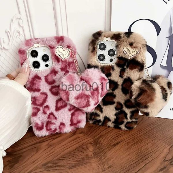 Capas de telefone celular leopardo impressão amor coração pele de pelúcia capa de telefone celular para iphone 15 14 13 12 11 pro max xr xs 6 7 8 plus quente bonito longo pele telefone capa traseira x0912