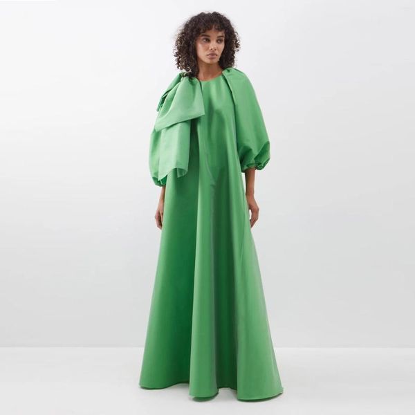 Abiti casual Verde fresco A-line Abiti lunghi in raso Maxi maniche a sbuffo Grande fiocco sulla spalla per donna incinta Prom modesto