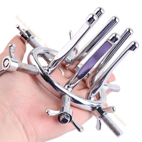 Massaggio Plug anale in metallo in acciaio inossidabile Spreader vuoto Dilatatore vaginale Morsetto Speculum Specchio Misura regolabile BDSM Restrizione Sesso T189h