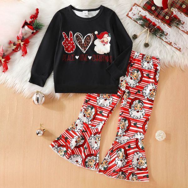 Kleidung Sets Kinder Baby Mädchen 2 Stück Outfits Weihnachten Santa Claus Drucken Rundhals T-Shirt Schlaghosen Set Kind Herbst Winter Kleidung 3-7T 230912