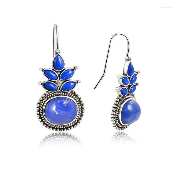Dangle Küpe Boho Yuvarlak Lapis Lazuli Küpe Vintage Mücevher Metal Gümüş Renk Oyma Su Damlacıkları Mavi Taş Kadınlar İçin