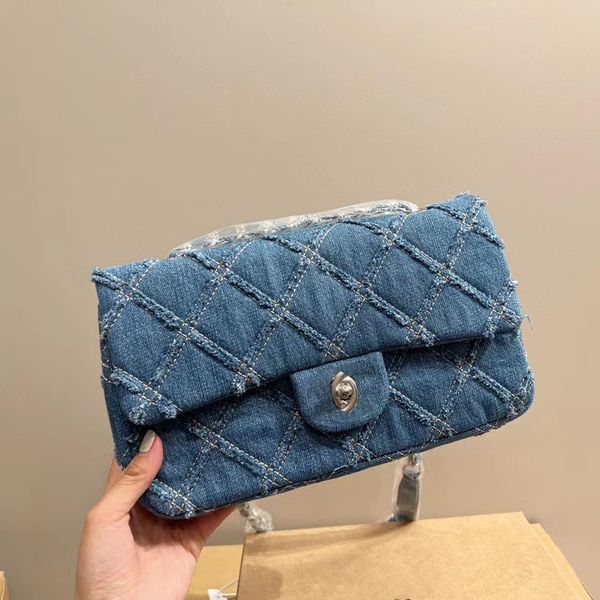 Denim Tasarımcı Çantası 10a Çantalar Crossbody Bag 25cm Kadın Omuz Çantaları Çantalar Vintage Çanta Koyu Mavi Kot Gümüş Zincir Donanım Kayış Yapmalı