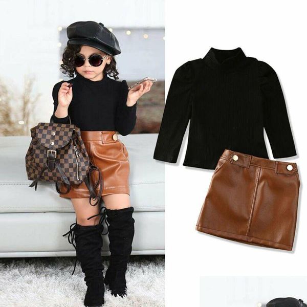 Kleidung Sets 2021 EST Kleinkind Baby Mädchen Kinder Rollkragen Lange Puff Sleeve Pullover Tops Hinzufügen Leder Bleistift Rock 2 stücke Outfit Kleidung Otiln