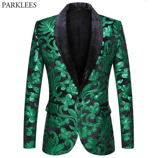 Ternos masculinos blazers brilhantes verde floral lantejoulas smoking blazers homens um botão xale colar vestido terno jaqueta festa jantar casamento baile cantor traje 230912