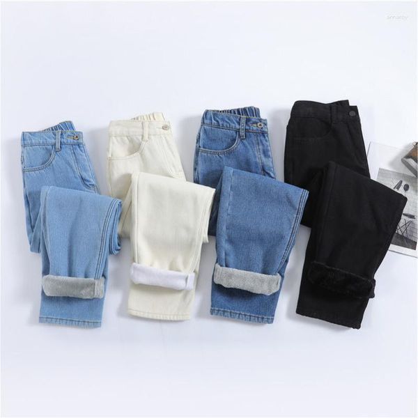 Женские джинсы 2023, женские теплые плюшевые эластичные винтажные синие зимние зимние снежные брюки с высокой талией, прямые брюки для девочек, брюки