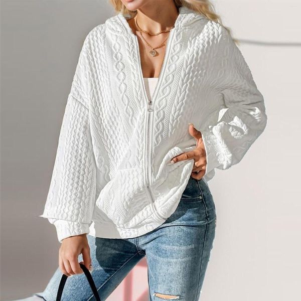 Felpe con cappuccio da donna Cardigan lavorato a maglia bianco da donna con cerniera sul davanti maniche lunghe tinta unita schiena con spalle scoperte Maglieria oversize