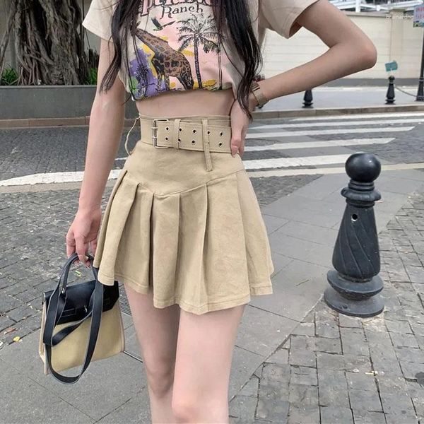 Saias vintage cáqui plissado saia mulher estilo coreano cintura alta com cinto mini mulheres 2023 verão moda streetwear curto