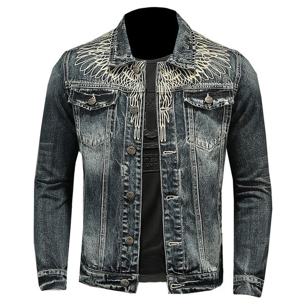 Cappotto classico europeo ricamato taglie forti Cappotto lavato Capispalla Cerniera Biker Denim Blu Giacca con colletto da baseball Uomo 4XL