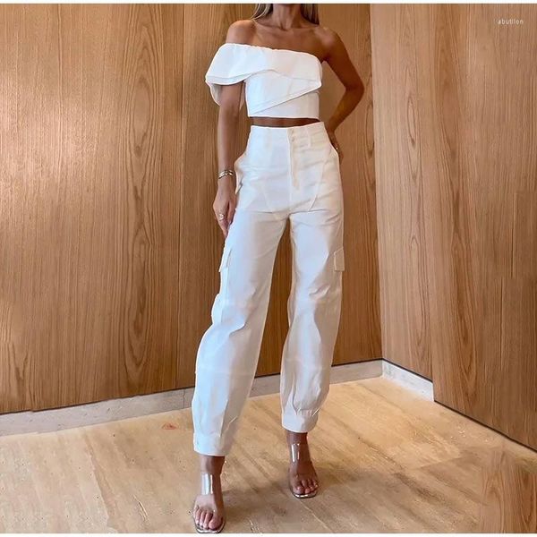 Pantaloni da donna Sexy Donna Una spalla Mini Top Due pezzi Set 2023 Primavera Casual Camicia senza maniche Abiti slim Lady Office High Streetwear