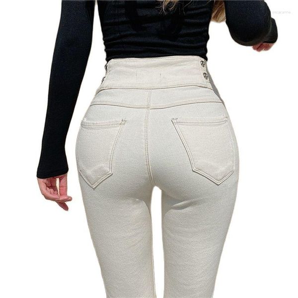 Jeans da donna Primavera Estate Moda Donna Cotone Spandex Vita alta Slim Fit Diamanti Bottoni Pantaloni denim da donna