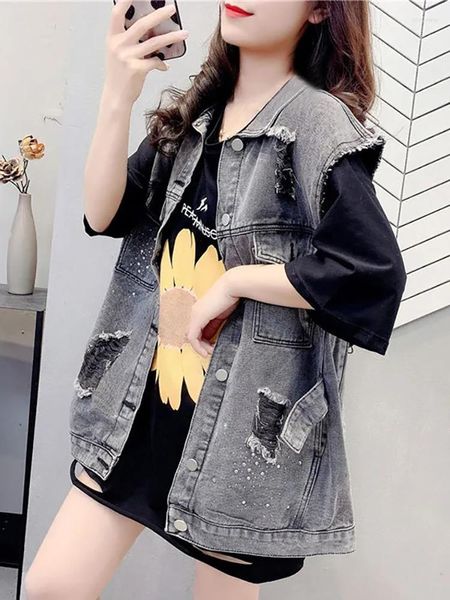 Coletes femininas vintage sem mangas buraco denim jaqueta colete moda single-breasted para mulher 2023 primavera outono streetwear jean