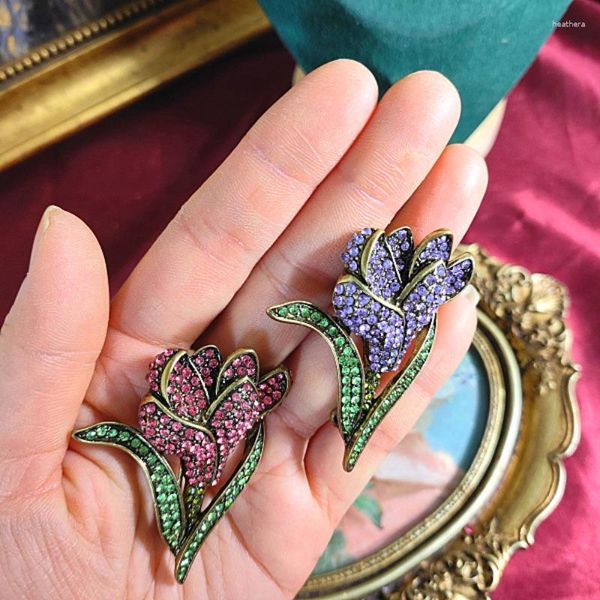 Broches medievais pesados luxo cheio roxo flor broche feminino esmalte pinos