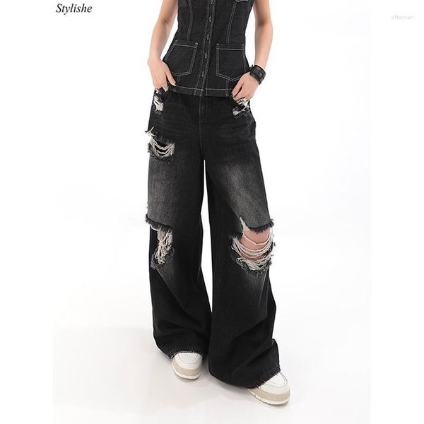 Frauen Jeans Hohe Taille Zerrissene Für Frauen Schwarz Freund Baggy Frau Streetwear Gerade Bein Ausgeschnitten Hosen Weibliche Kleidung Chic