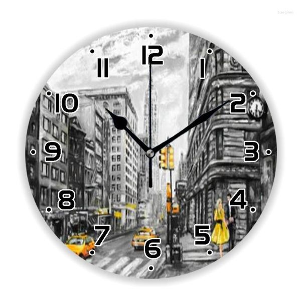 Настенные часы, современный Йорк, вид на улицу, картина маслом, часы, акварель, городской пейзаж, искусство, часы для кухни, спальни, аксессуары, декор