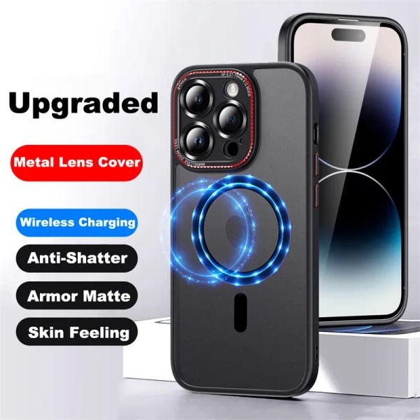 Premium Armor Matte Hüllen für Magsafe iPhone 15 14 13 12 Pro Max 14Plus magnetische kabellose Ladehülle Metalllinsenschutz Telefonrückseite