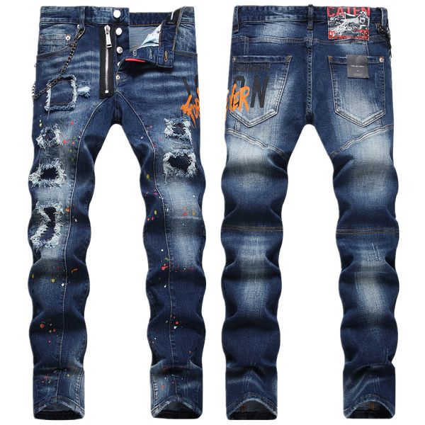 Jeans da uomo Toppa con foro primaverile Stampa colorata Scramble Piccolo denim dritto a vita media