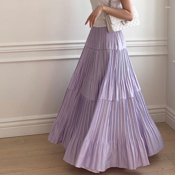 Юбки 96 см Макси плиссированная юбка для женщин 2023 весна-лето элегантная однотонная с большим подолом трапециевидной формы с высокой талией длинная женская фиолетовая