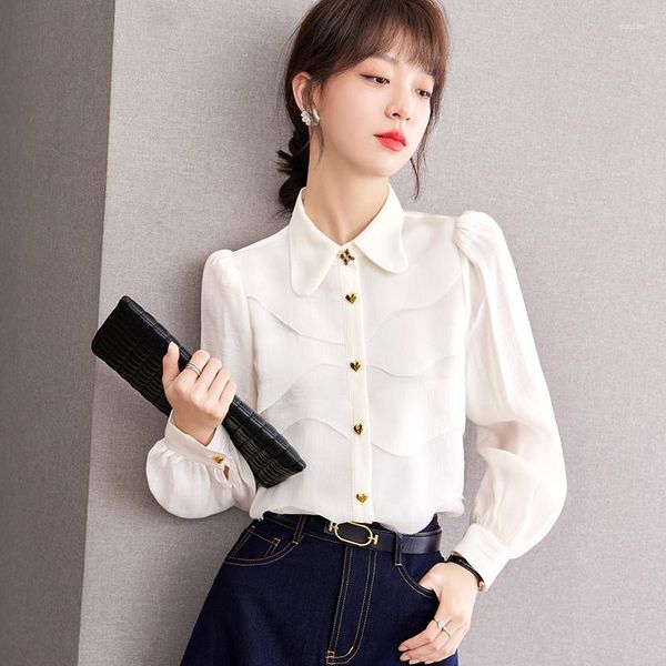 Женские блузки, абрикосовая классическая рубашка во французском стиле, женские топы, весна-осень, элегантная, с длинным рукавом, облегающая повседневная офисная леди C2358