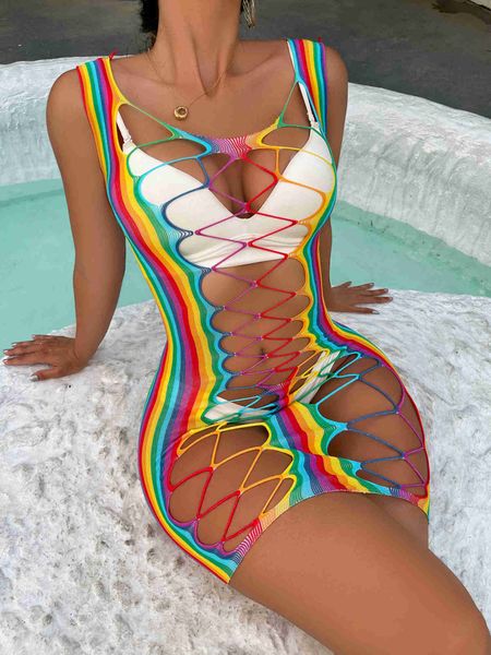 Conjunto Sexy Moda Menina Nylon Rainbow Vestidos Bodystocking Padrão Colorido Beach Wear Sexy Lingerie 230808