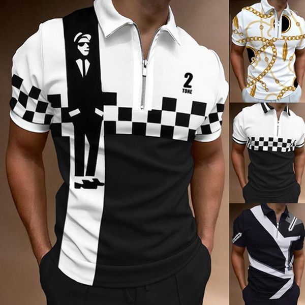 Erkek Polos Kazan Ska Style Zip Kısa Kollu Sıradan Polo Gömlek Top