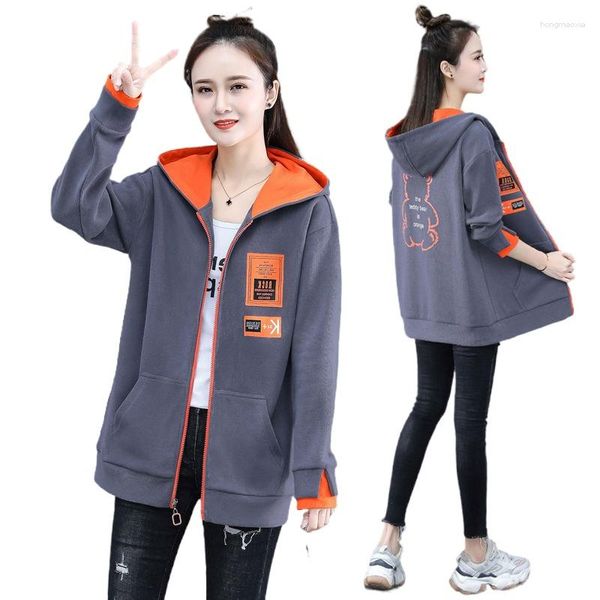 Hoodies femininos de comprimento médio cardigan com zíper camisola feminina solta estilo coreano 2023 primavera jaqueta ocidental