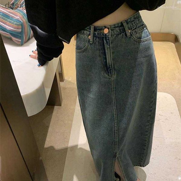 Saias saias altas menina amigável jeans saia maxi com fenda frontal meninas coreanas elegante casual piso liso longo denim plus size retro hip l230912