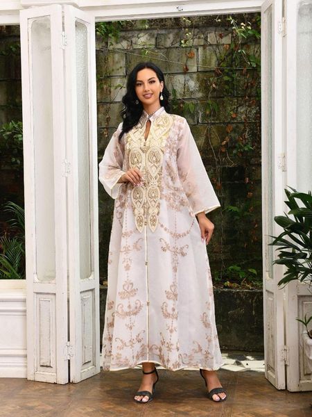 Этническая одежда 2023, женское Дубайское арабское платье с золотой вышивкой и длинными рукавами, роскошный вечерний стильный текстурированный халат Абая