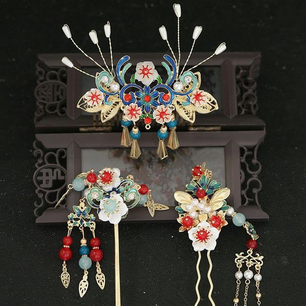 Antike Platte Haar Haarnadel Prinzessin Haar Zubehör Traditionelle Quaste Stick Kopf Schmuck Chinesische Braut Hochzeit Kopfschmuck Set237y