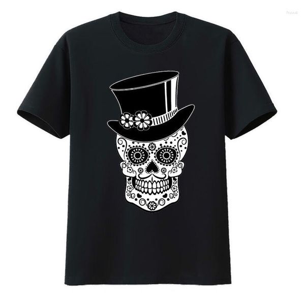 Homens camisetas Crânio com chapéu de flor preta T-shirt de algodão Miles Morales Top Y2k Camisetas Camiseta Hombre Verão Roupas Masculinas Padrão Casual