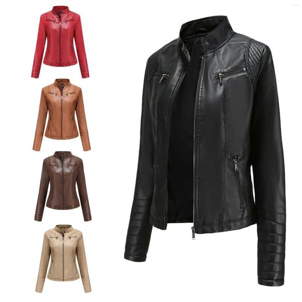 Mulheres jaquetas de couro primavera e outono moto biker zíper fino casaco curto moda casual roupas femininas um pcs