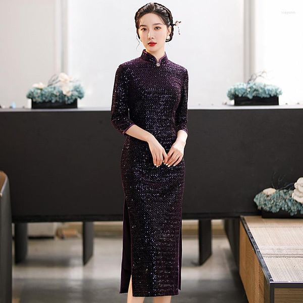 Roupas étnicas Cheongsam Outono 2023 Stand-up Collar Roxo Elegante Moda Veludo Vintage Tradicional Chinês Roupas Qipao Vestido para