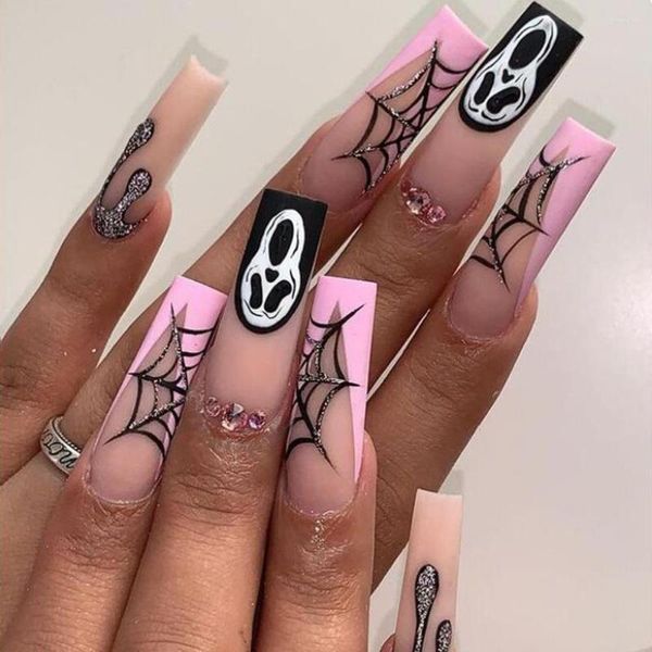 Unhas Falsas 24 PCS Punk Ghost Halloween Wearable Long Spider Web Stiletto Falso Cobertura Completa Imprensa em Dicas de Unhas Decoração de Manicure