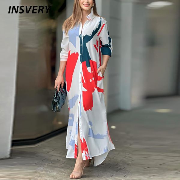 Vestidos sexy urbanos camisa de outono dres casual botão impressão longa para mulheres moda turn down collar maxi vestido 2023 230911