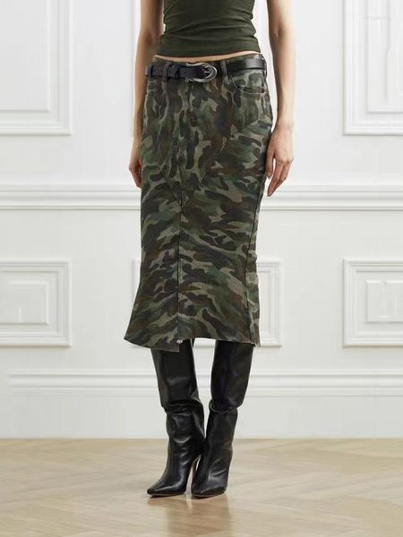 Юбки камуфляжные «рыбий хвост», модная индивидуальная упаковка Y2k, облегающая джинсовая юбка с разрезом до середины бедра, женская осень 2023 г.