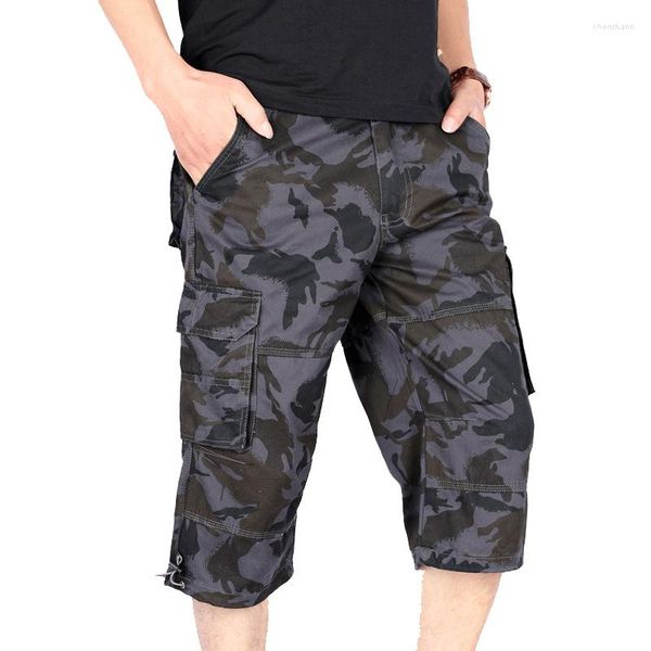 Shorts masculinos verão camuflagem militar homens multi bolso casual algodão solto calças cortadas calças de comprimento longo carga