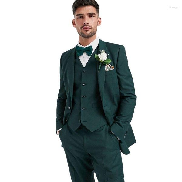 Мужские костюмы Темно-зеленый мужской костюм 3 предмета Деловой повседневный тонкий для свадебной вечеринки Смокинги для жениха Банкетный комплект Куртка Жилет с брюками