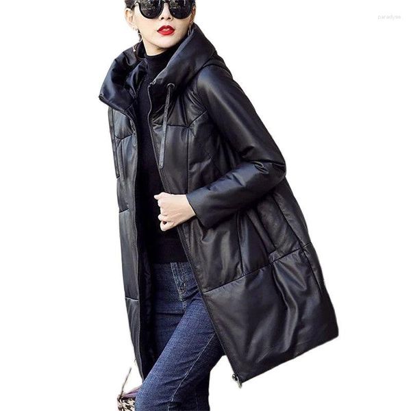 Giacca da donna in pelle nera in cotone PU 2023 Cappotto invernale con cappuccio allentato Addensare Parka da neve Cappotto lungo femminile caldo