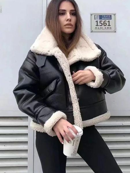 Couro feminino 2023 jaqueta de inverno feminino curto casaco falso shearling pele carneiro retro motocicleta parkas velo feminino neve outwear