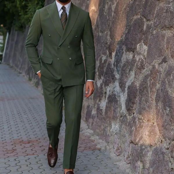 Abiti da uomo Blazer verde scuro Costume da sposa per uomo Doppio petto con risvolto con visiera Slim Fit Giacca formale in due pezzi Pantaloni Terno