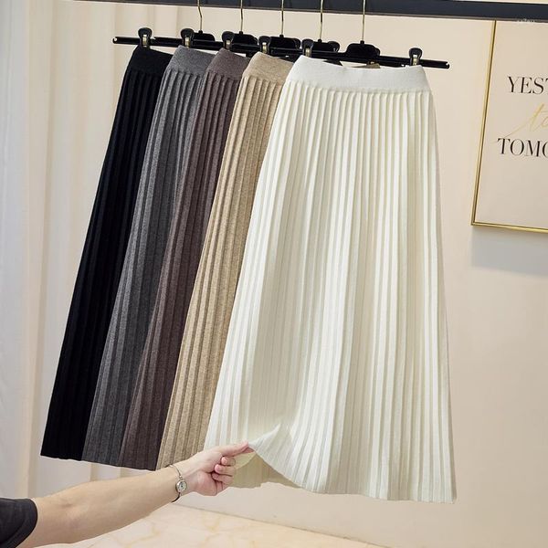 Юбки SURMIITRO, женская трикотажная длинная юбка 2023, осень-зима, плотная теплая корейская повседневная однотонная трапециевидная юбка с высокой талией, плиссированная женская миди