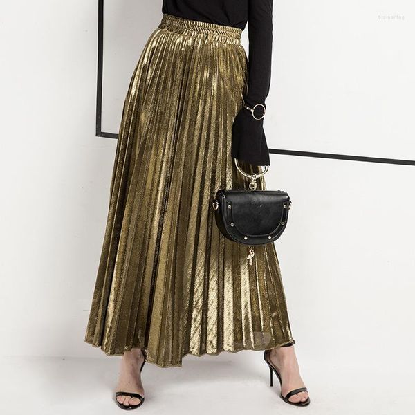 Юбки 2023, весенняя металлизированная плиссированная макси-юбка с высокой талией в стиле Харадзюку, большие качели, золотистая, длинная для женщин