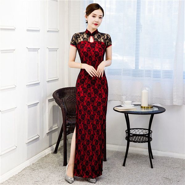 Базовые повседневные платья, традиционные женские платья Cheongsam с короткими рукавами, винтажные длинные платья, костюмы, элегантные размеры от S до 5XL, черный, красный 230911