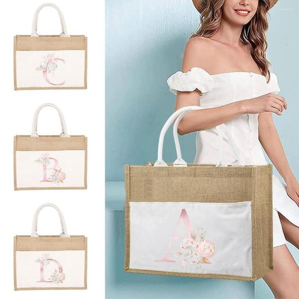Einkaufstaschen Jutehandtasche Leinensäcke Nachahmung Damenbeutel Tragetasche Laminierte rosa Blumen und Buchstaben2023