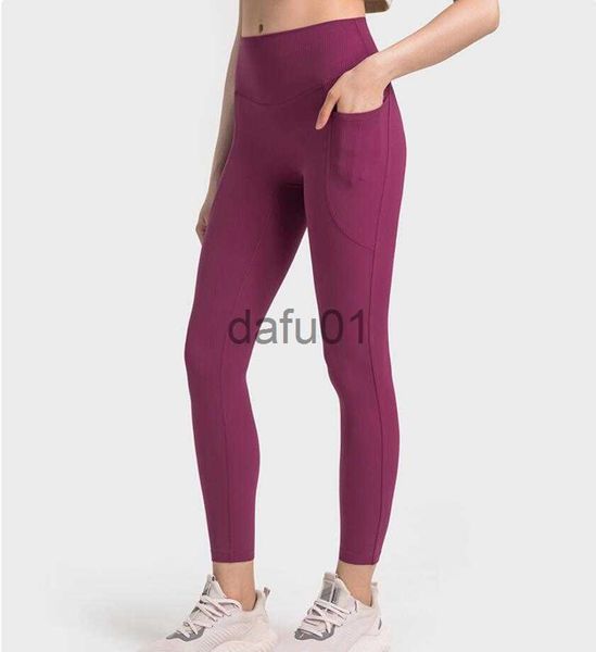 Calças ativas Lu-392 Rib listrado sem t-line bolso lateral calças de yoga cintura alta apertada abdômen correndo esportes cortados ginásio leggings para mulheres x0912