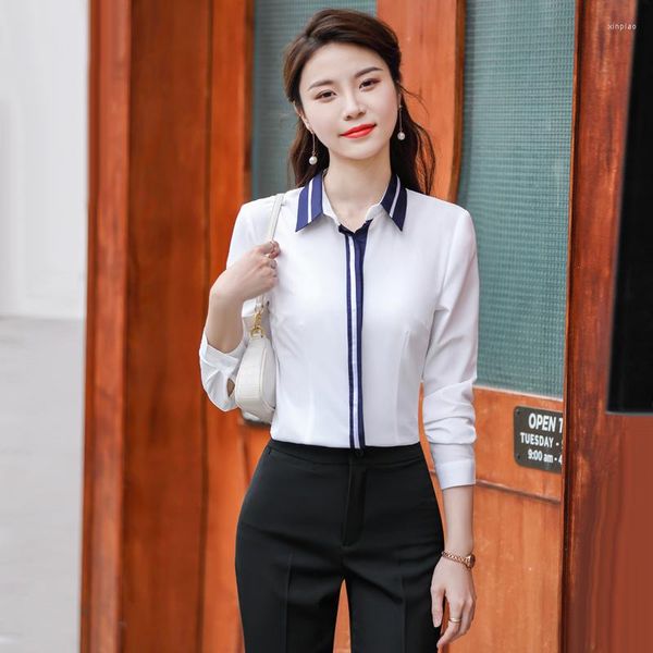 Blusas femininas moda mulheres camisas escritório senhoras 2 peça calça e top conjuntos feminino trabalho desgaste branco
