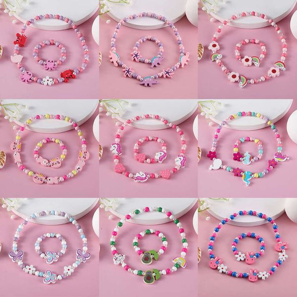 2 pezzi di braccialetti con collana di fascino modello simpatico cartone animato imposta perline di legno naturale per giocattoli per bambini set di gioielli di compleanno per ragazza