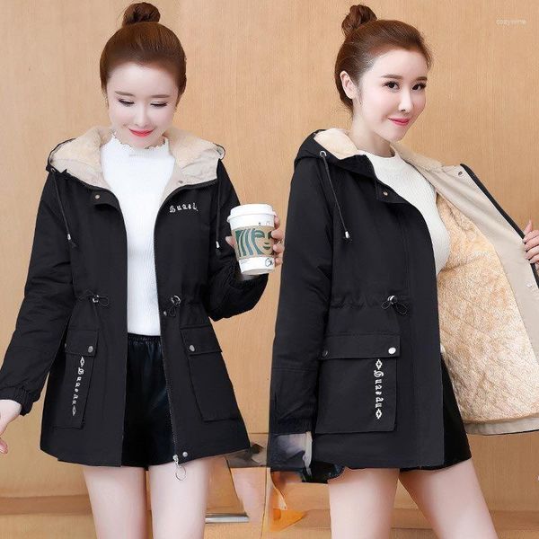 Damen Trenchcoats Frau Kapuzenkragen Reißverschluss Parkas Weibliche Mode Feste Mantel Elegante Baumwolle Gepolsterte Jacken Damen Casual Slim Taschen