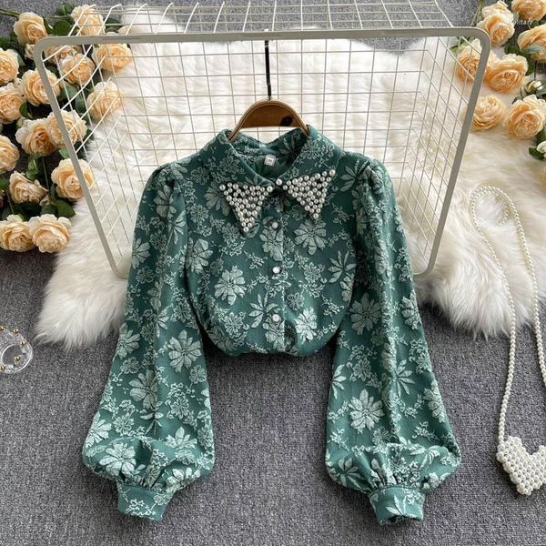 Blusas femininas estilo francês vintage jacquard tecer blusa roupas gola virada para baixo elegante beading primavera outono camisa de peito único