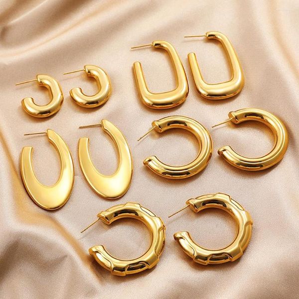 Orecchini a cerchio Vintage lucido impermeabile in acciaio inossidabile Huggie per le donne Ragazze Cerchi per croissant placcati oro 18 carati Gioielli con fibbia per l'orecchio